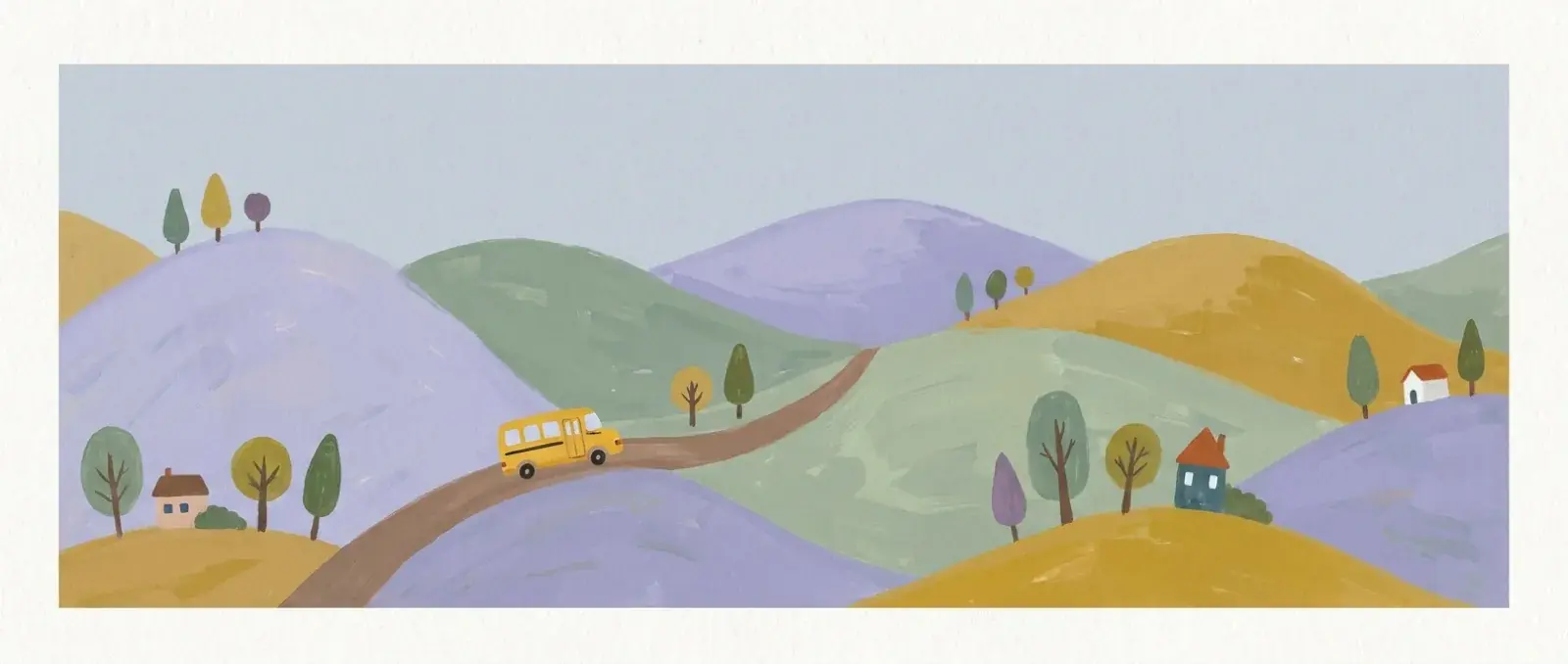 Painted rolling hills in lavender, sage and mustard with a small yellow school bus