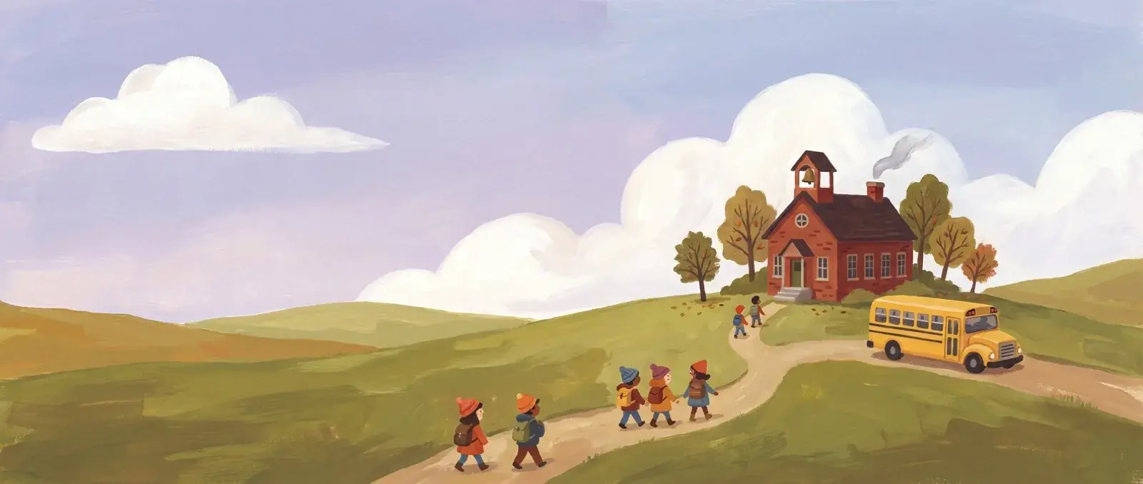 Painted schoolhouse on a green hill, with a yellow bus and children walking up the path